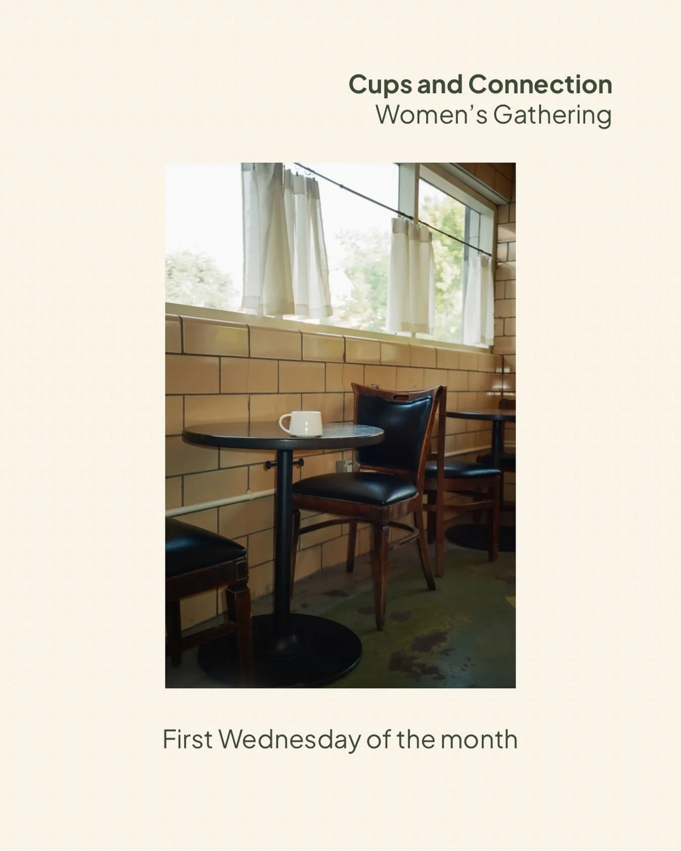 Pull up a chair with Nicole at The Wilding Collective for Cups and Connection the first Wednesday of every month in our garage. 

This is a free women&rsquo;s gathering to meet new people and start your day chatting over a warm cuppa. 

Wednesday, Se