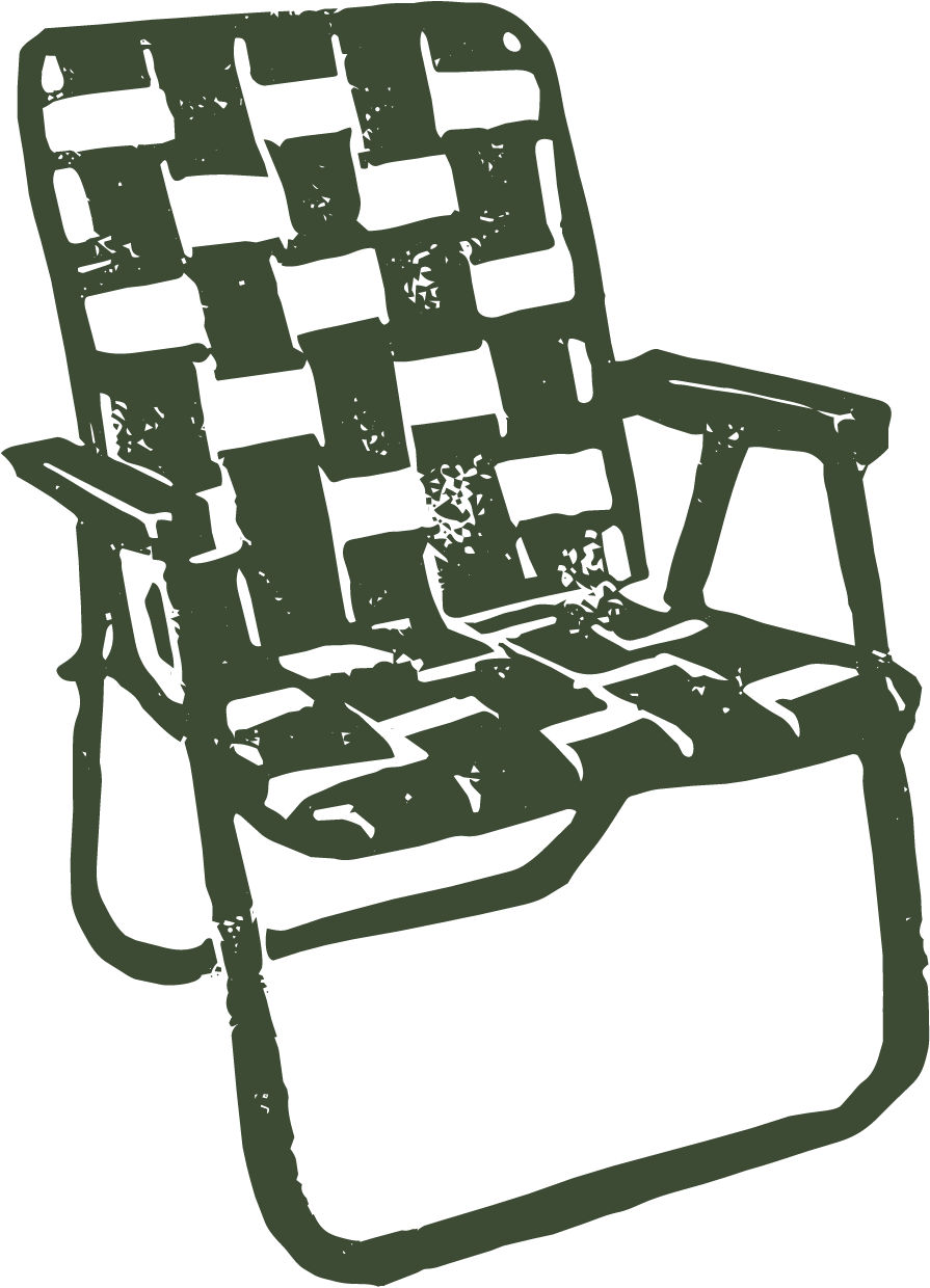Hand-drawn linocut illustration of a mid-century aluminum lawn chair the brand icon for Confluence Coffee Golden Colorado