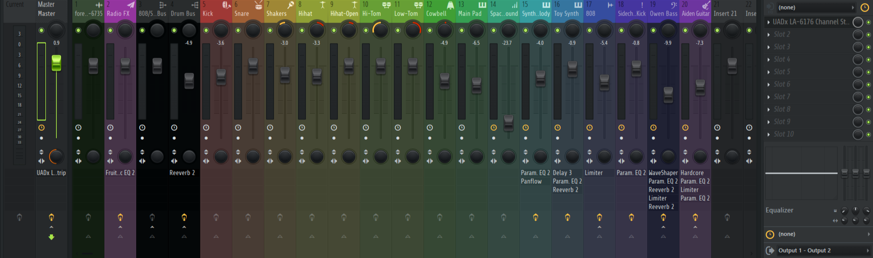 A digital audio mixing console with multiple tracks. Each track has labels such as Master, Radio FX, Kick, Snare, Hi-hat, and others, with various controls like volume faders and effect parameters.