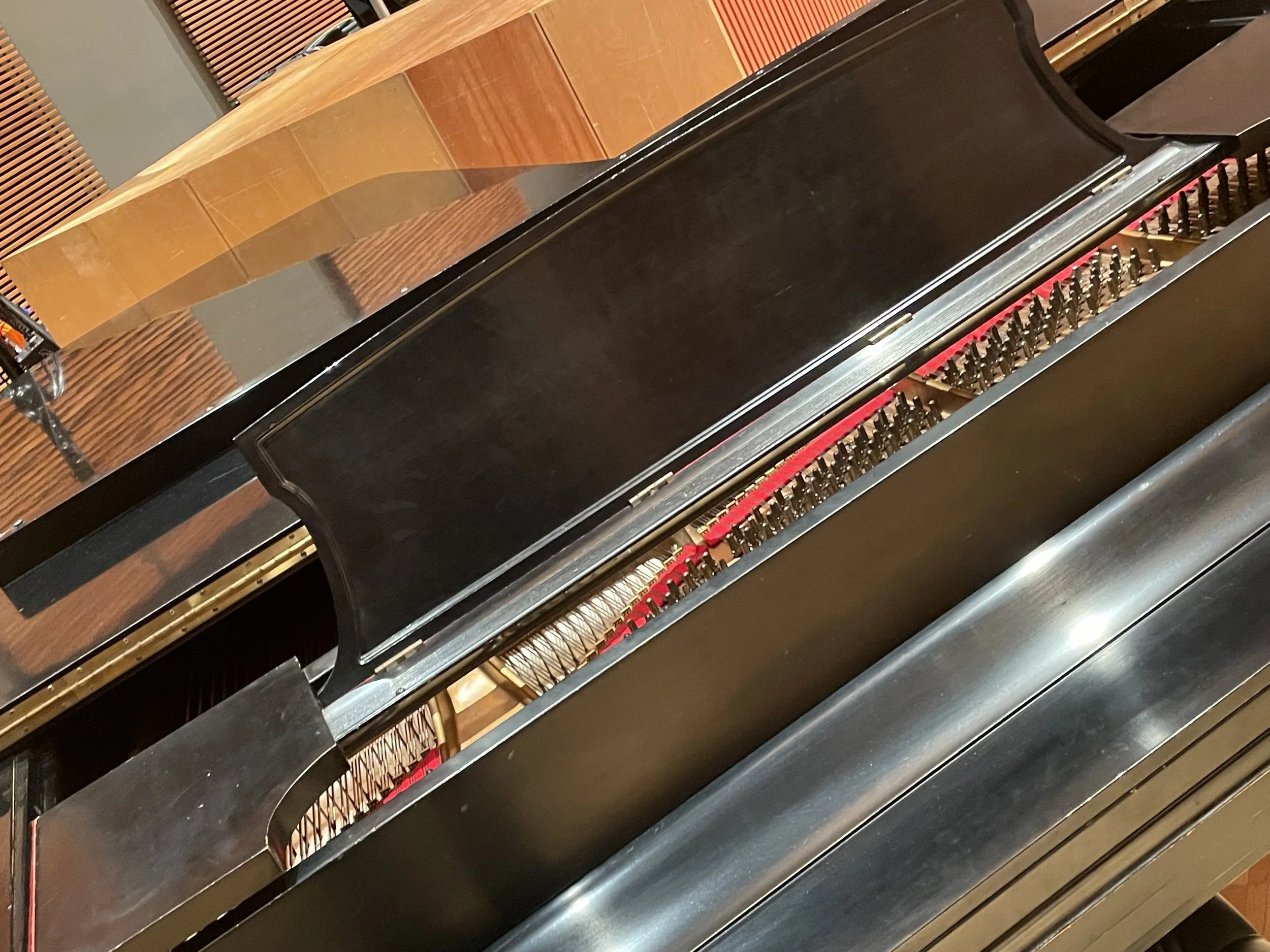 Close-up of a grand piano with black exterior, showing the inside with strings, hammers, and tuning pins.