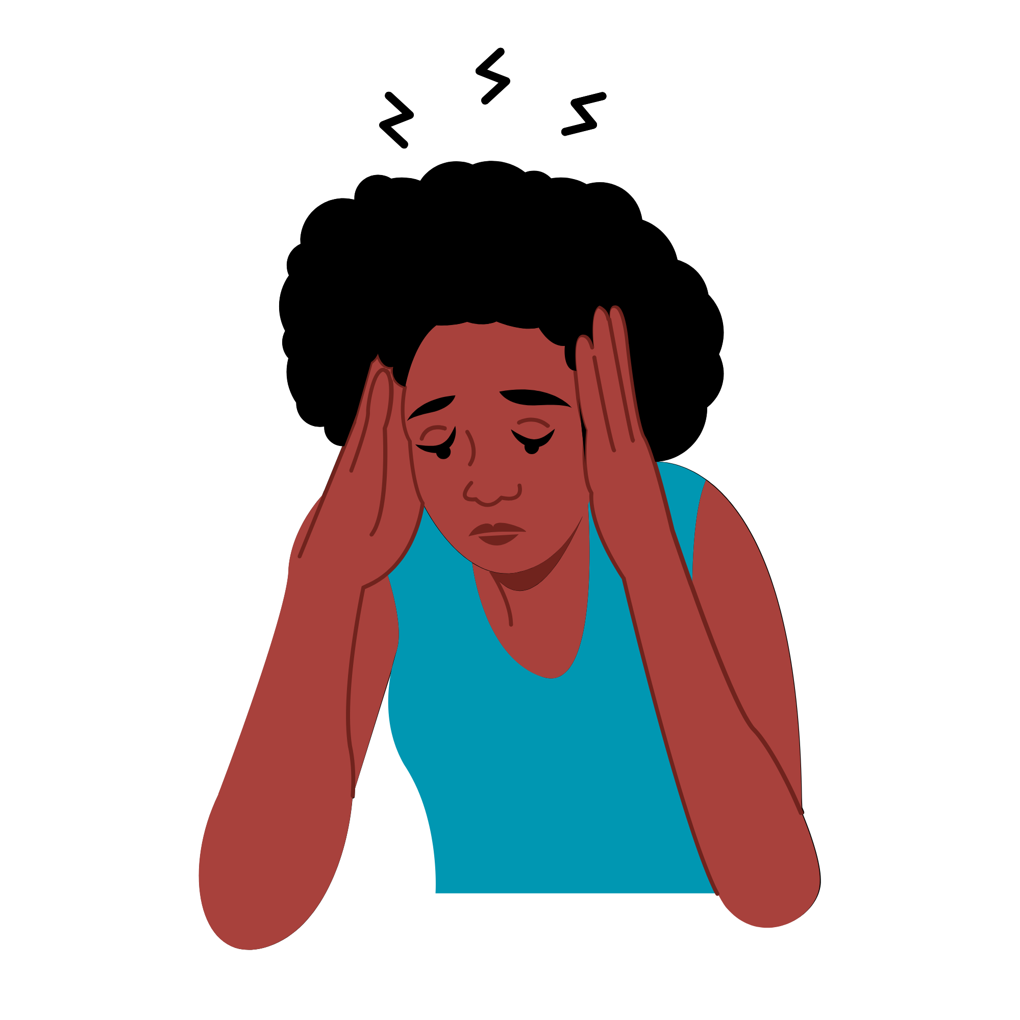 A black woman with an afro and blue vest top experiencing a migraine