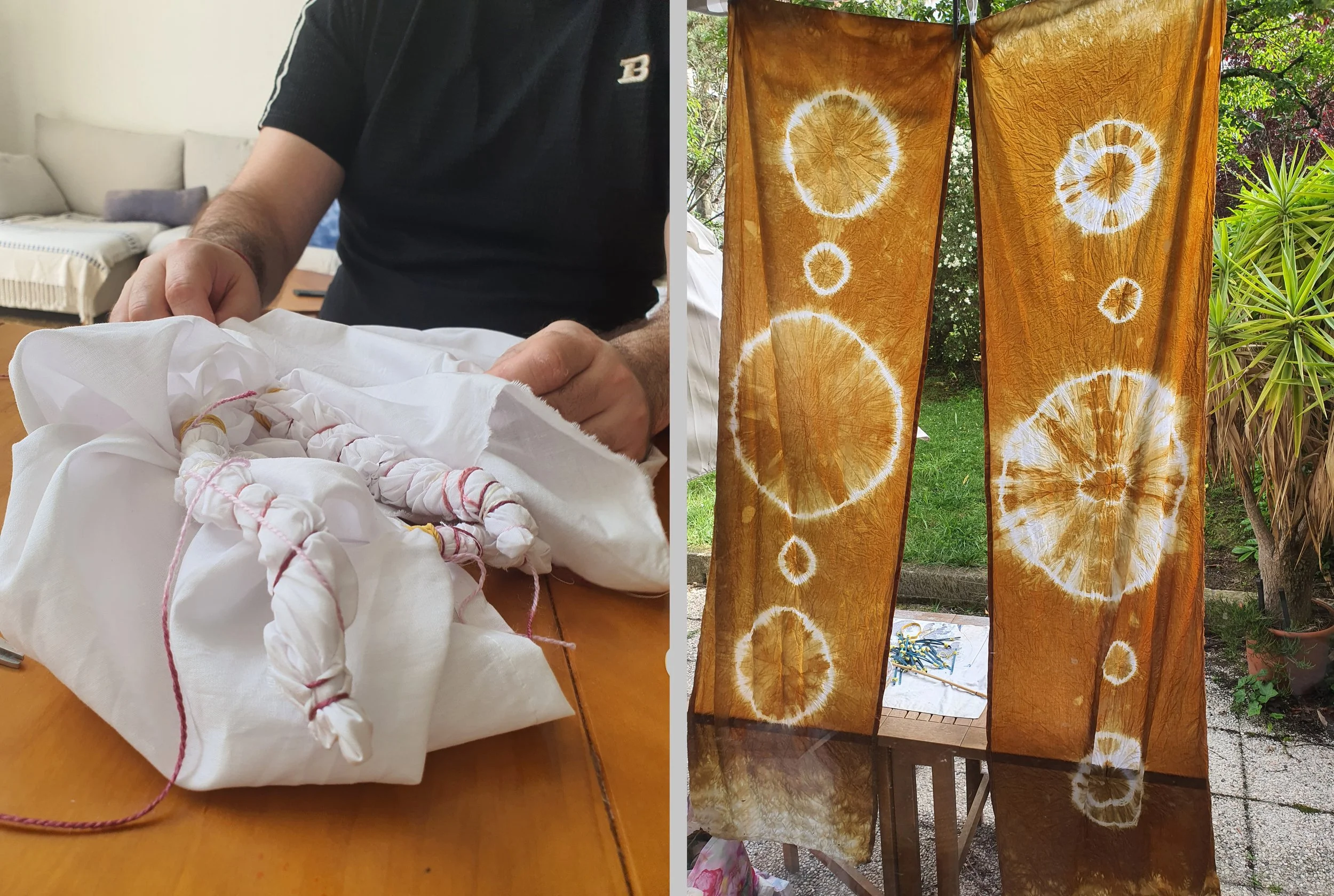 Côtés d'une pièce avec des tissus teints shibori en tie-dye suspendus, rayures de couleurs marron, blanc et orange, dans un environnement extérieur avec des plantes et un chemin en pierre.