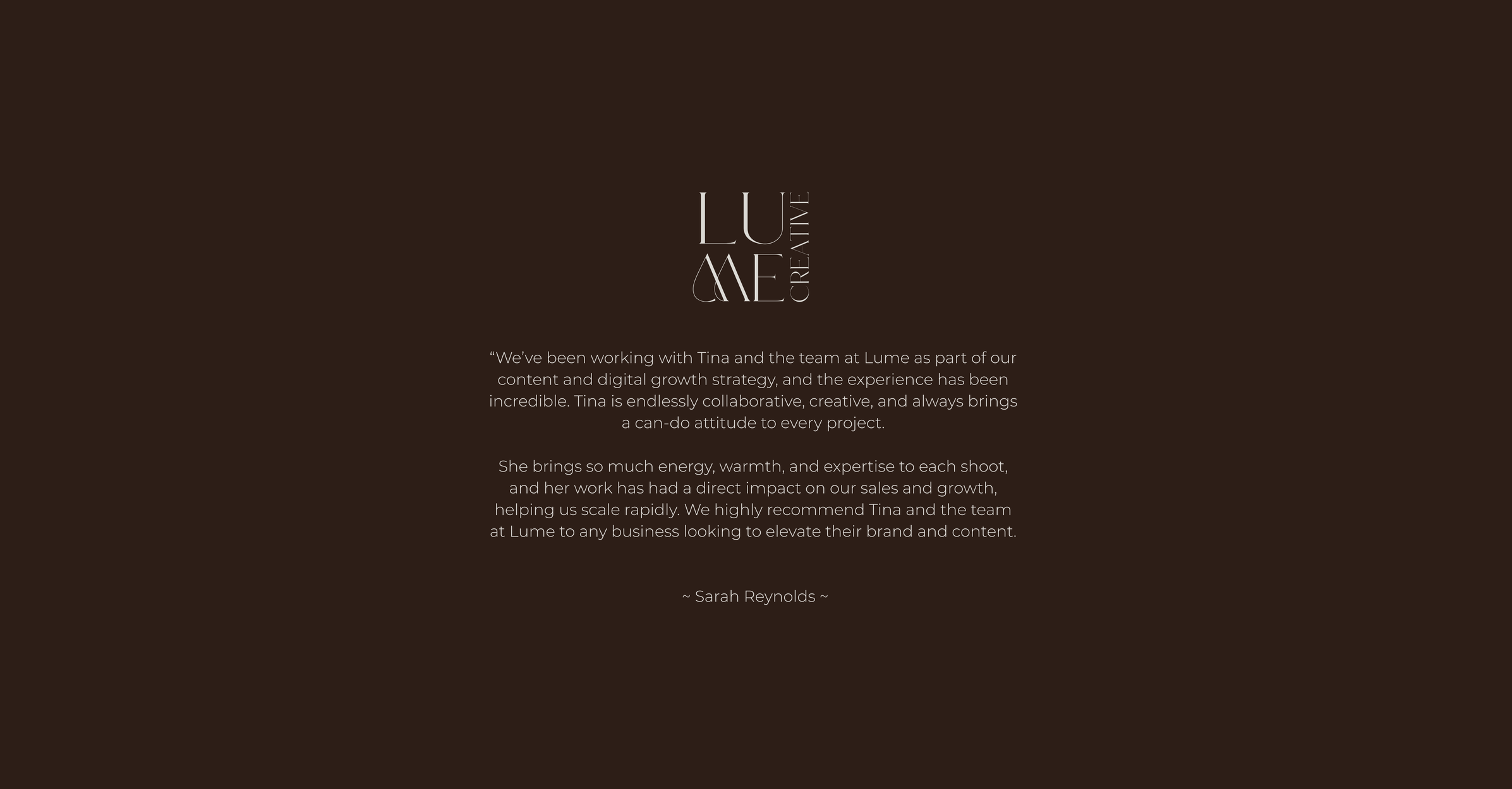 Client testimonial for LUME Creative, a Byron Bay creative studio specialising in branding, photography and content production