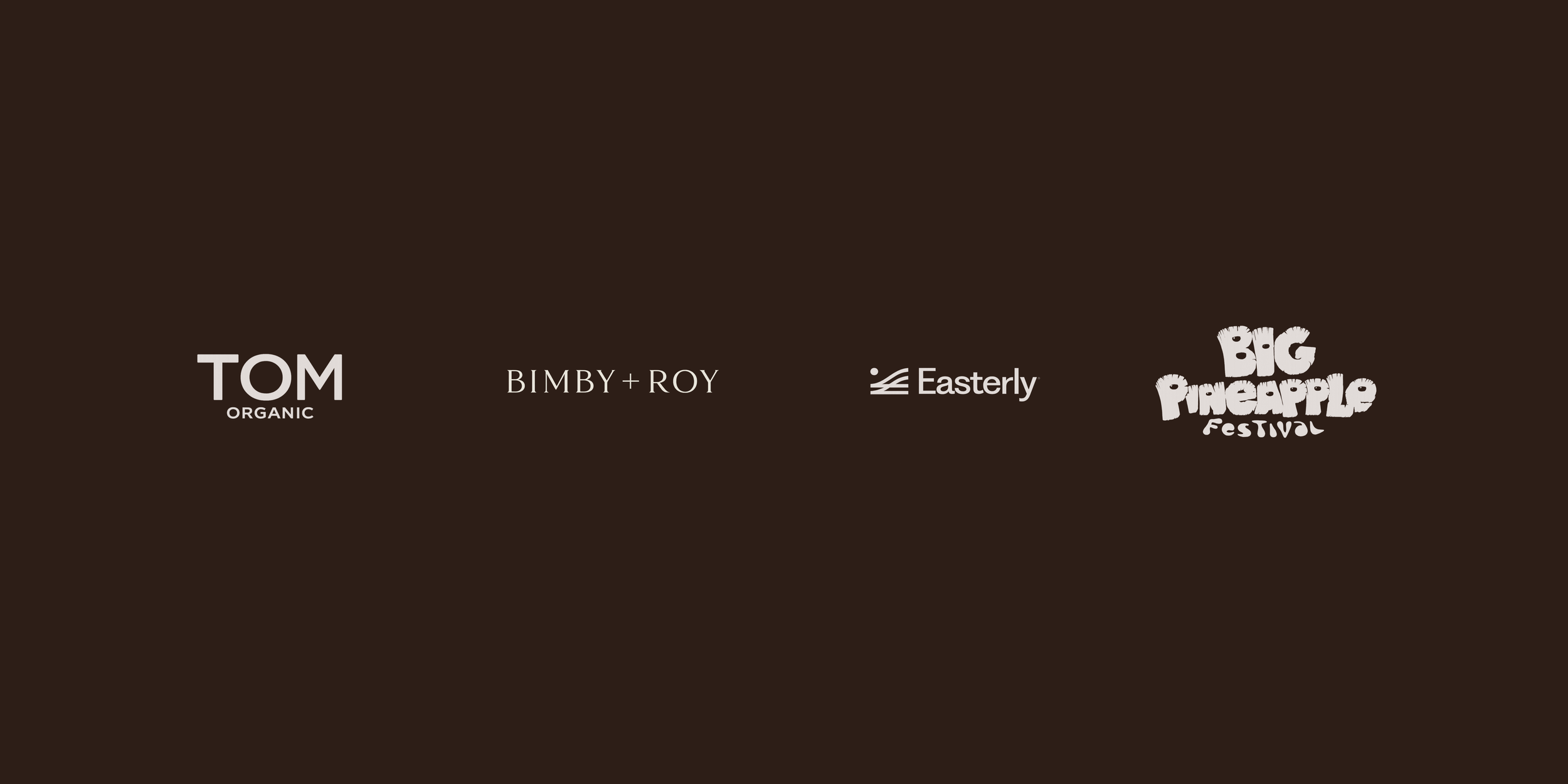 Client logos including Tom Organic, Bimby & Roy, Easterly and Big Pineapple Festival featured by LUME Creative, a branding, strategy and content production studio.