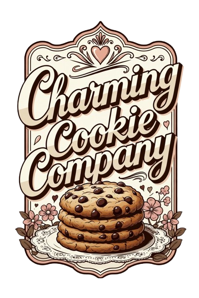 Logo for Charming Cookie Company with a stack of chocolate chip cookies decorated with pink flowers and hearts.