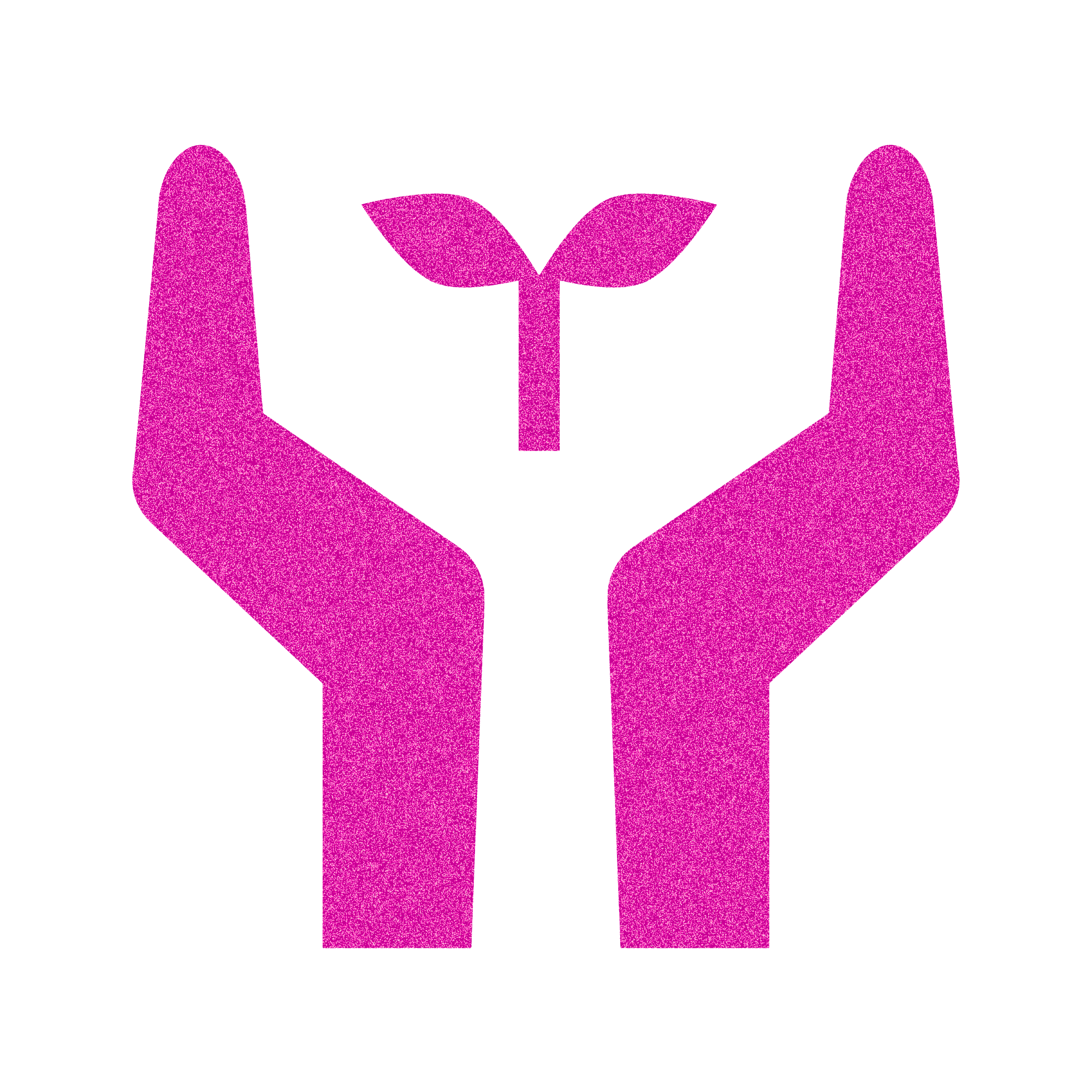 Pink illustration of two hands holding a plant with two leaves, symbolizing growth or nurturing.