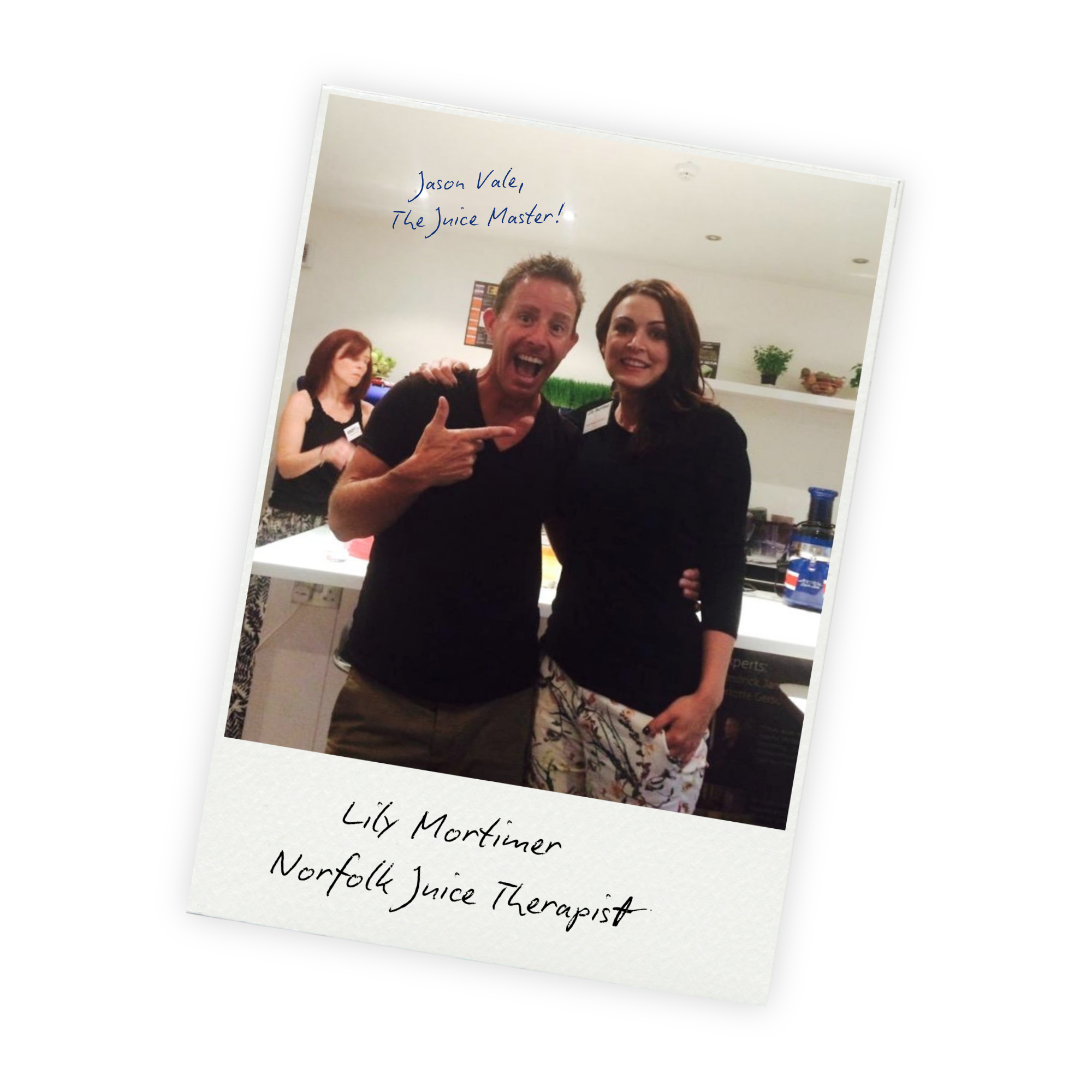 Photograph of a man and woman at an event, with the man giving a thumbs-up and smiling, and a woman in the background. The man is identified as Liam Mortimer, a Norfolk Juice Therapist.