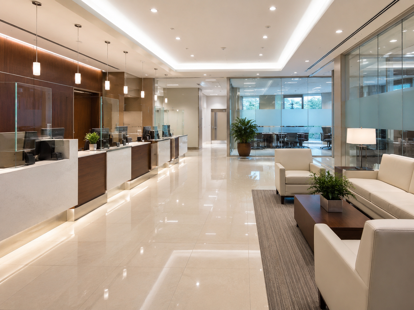Clean commercial lobby with reception counters and seating.