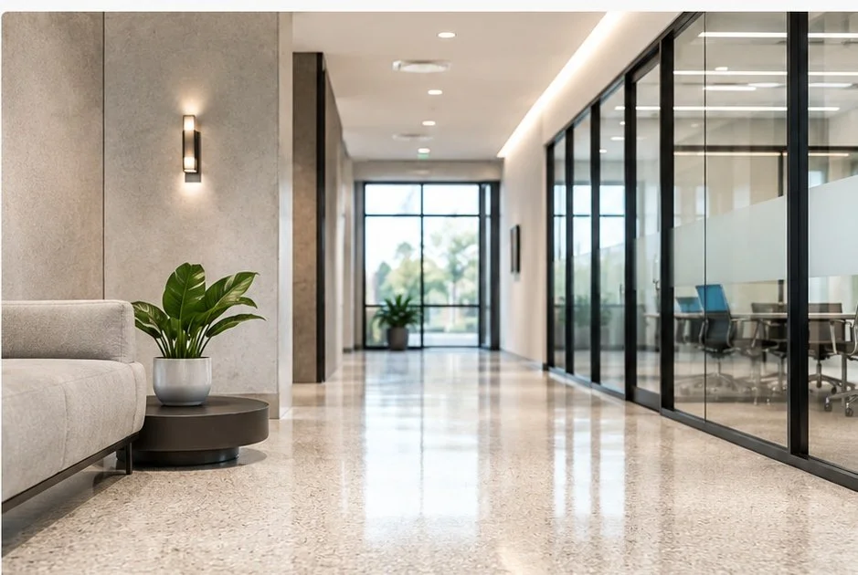 Clean modern commercial office hallway with glass conference rooms and polished floors.