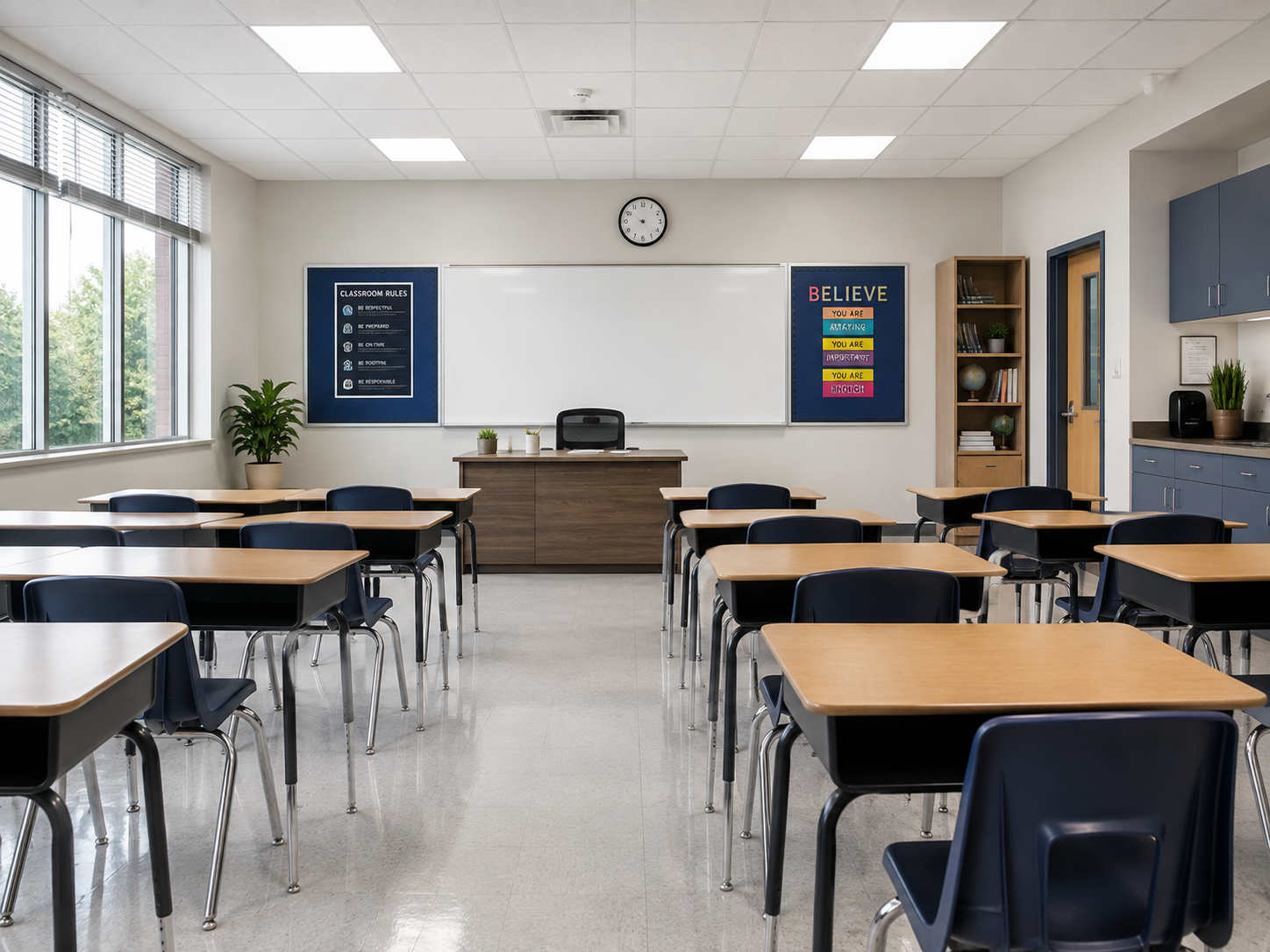 Clean classroom with desks, chairs, and a whiteboard.