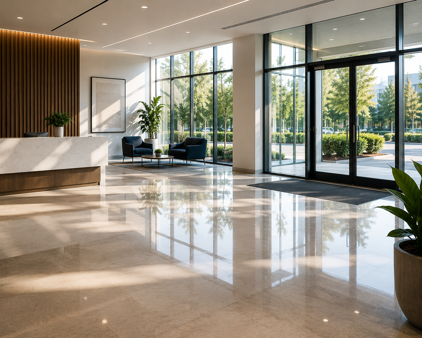 Clean modern commercial lobby with reception desk, seating, and large windows.