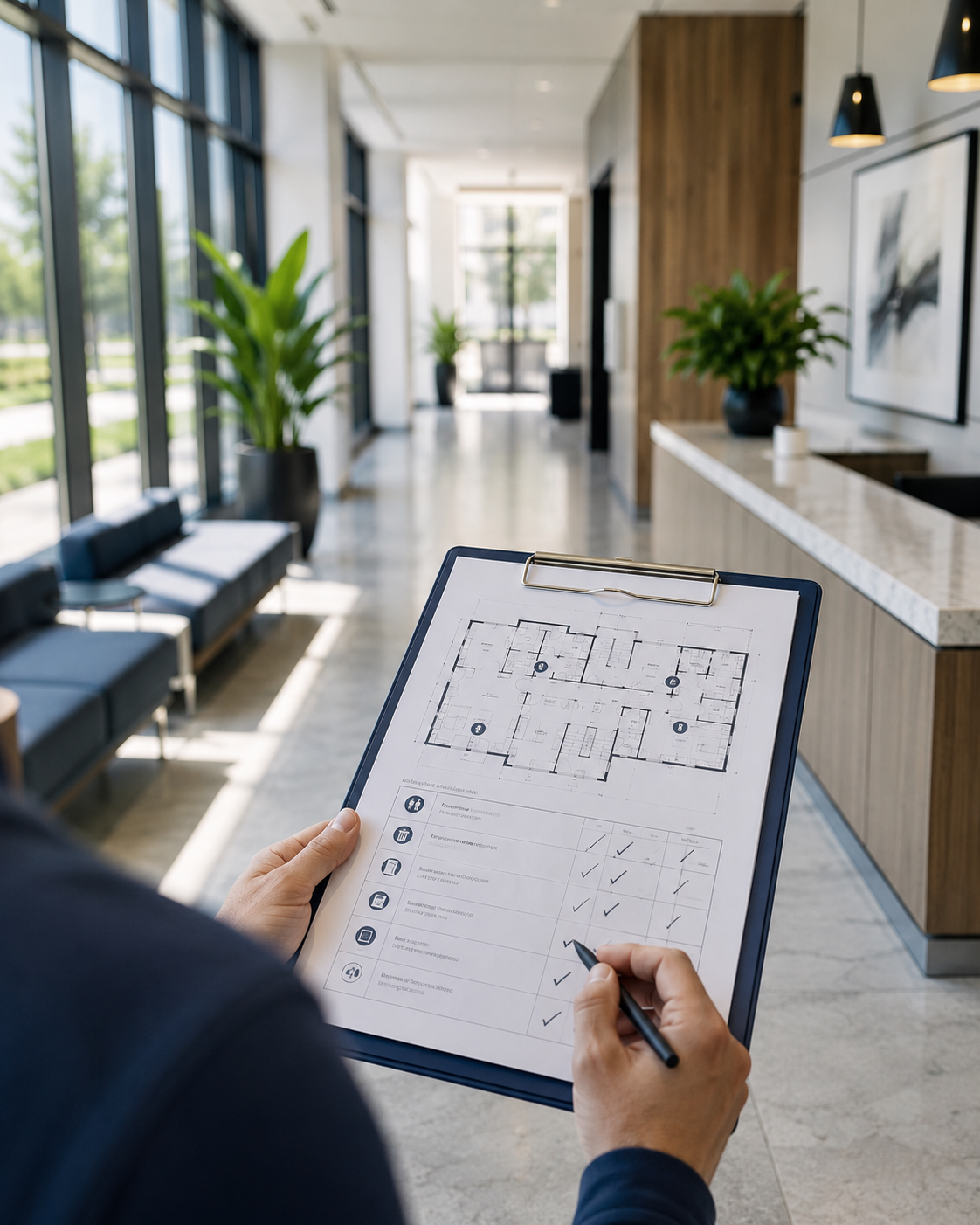 Facility walkthrough with a clipboard and floor plan in a commercial lobby.