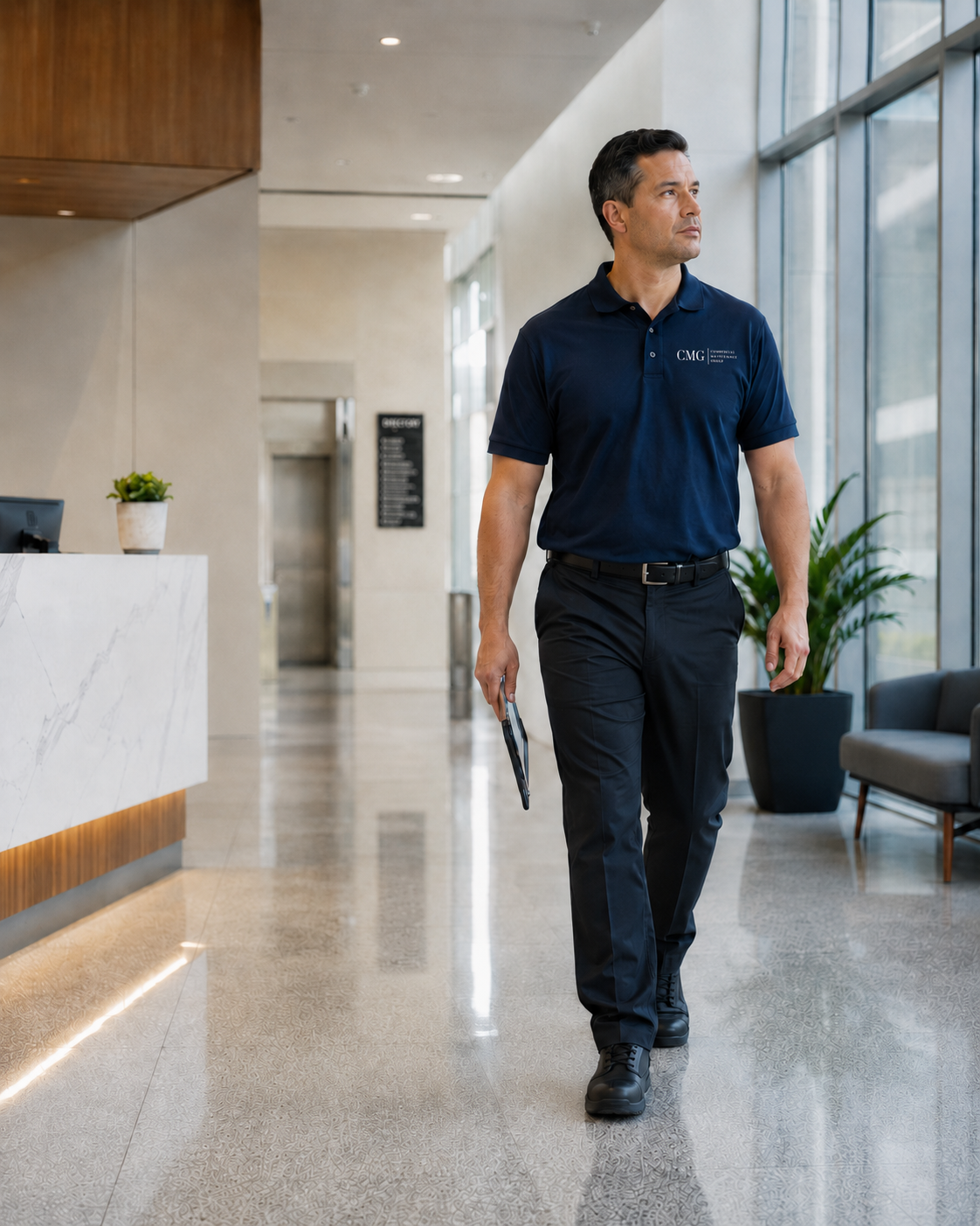Commercial cleaning supervisor walking through a modern office lobby.