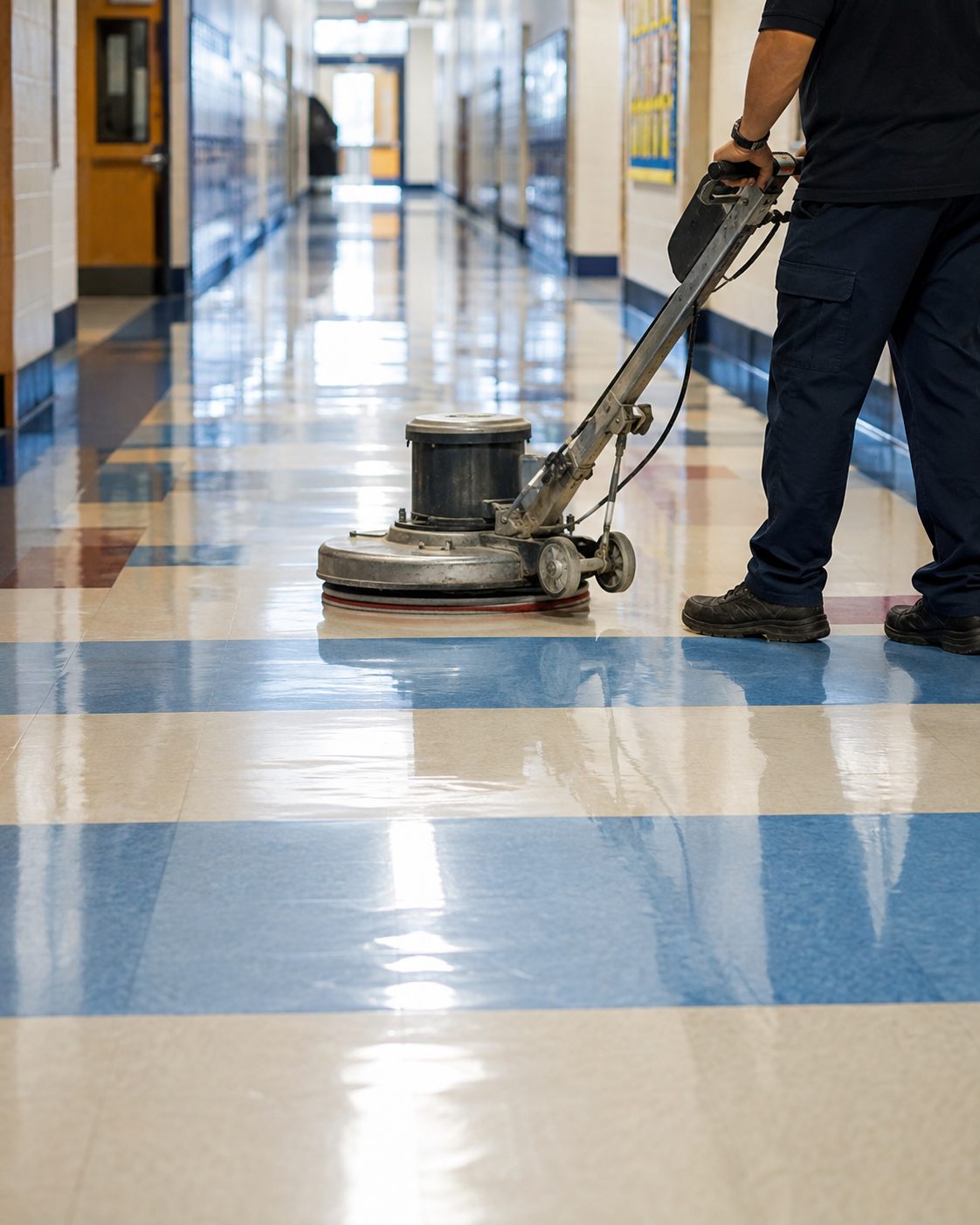 Floor machine being used on VCT flooring in a school hallway.