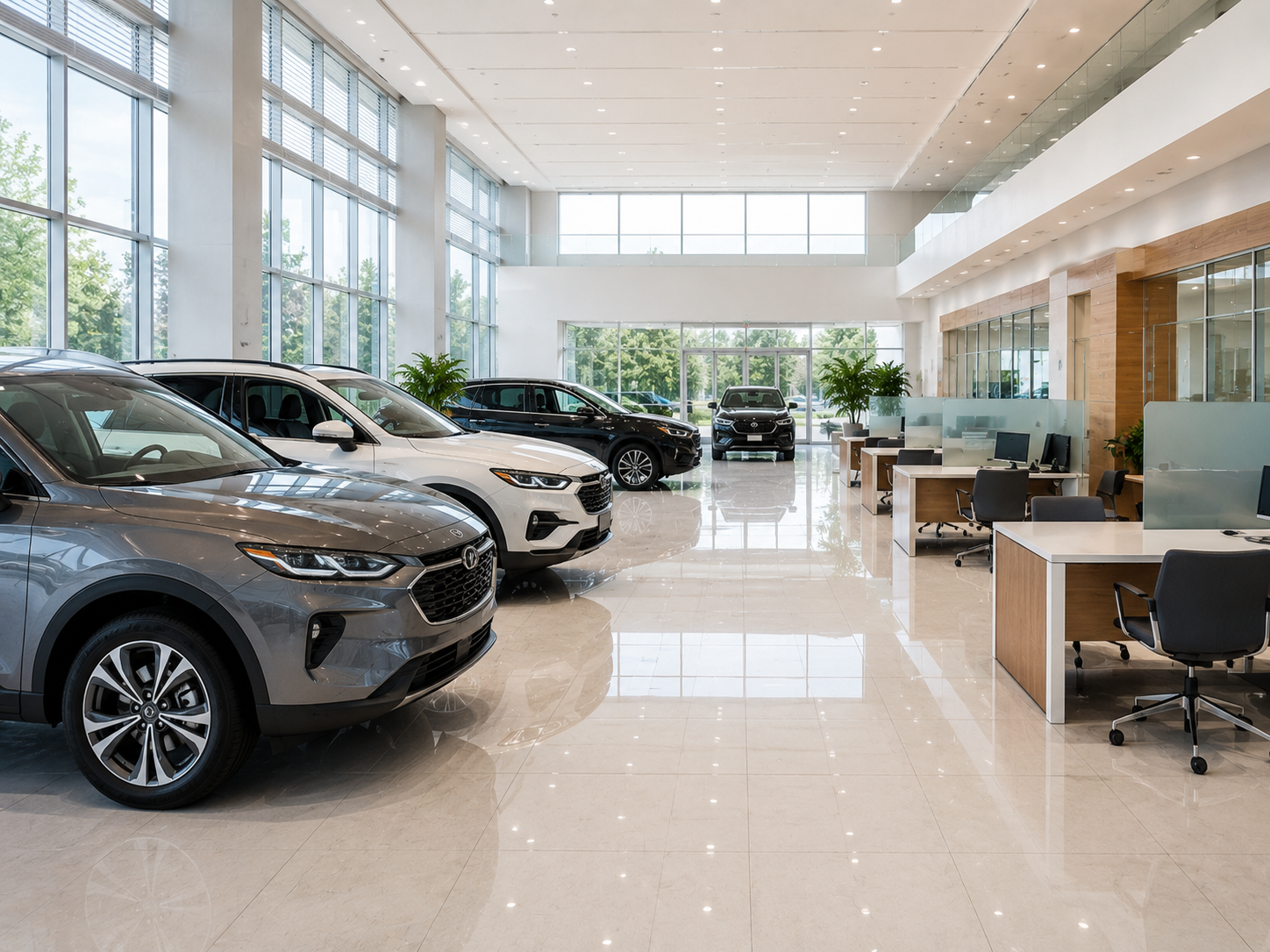 Clean car dealership showroom with vehicles on display.