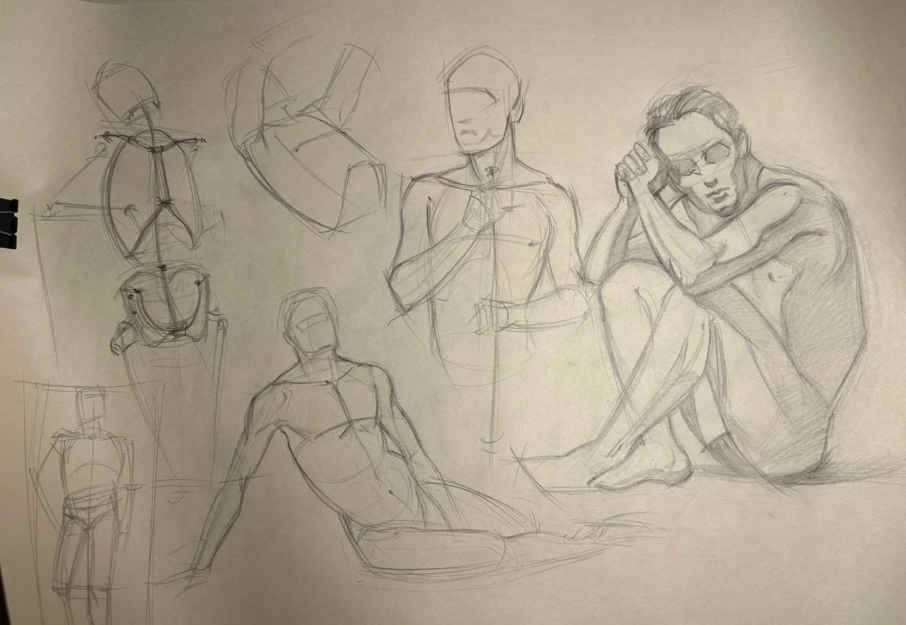 Sketches of a seated female figure with arms folded, various pose sketches of a male figure, and a detailed drawing of a woman sitting with her knees up and her head resting on her hand.