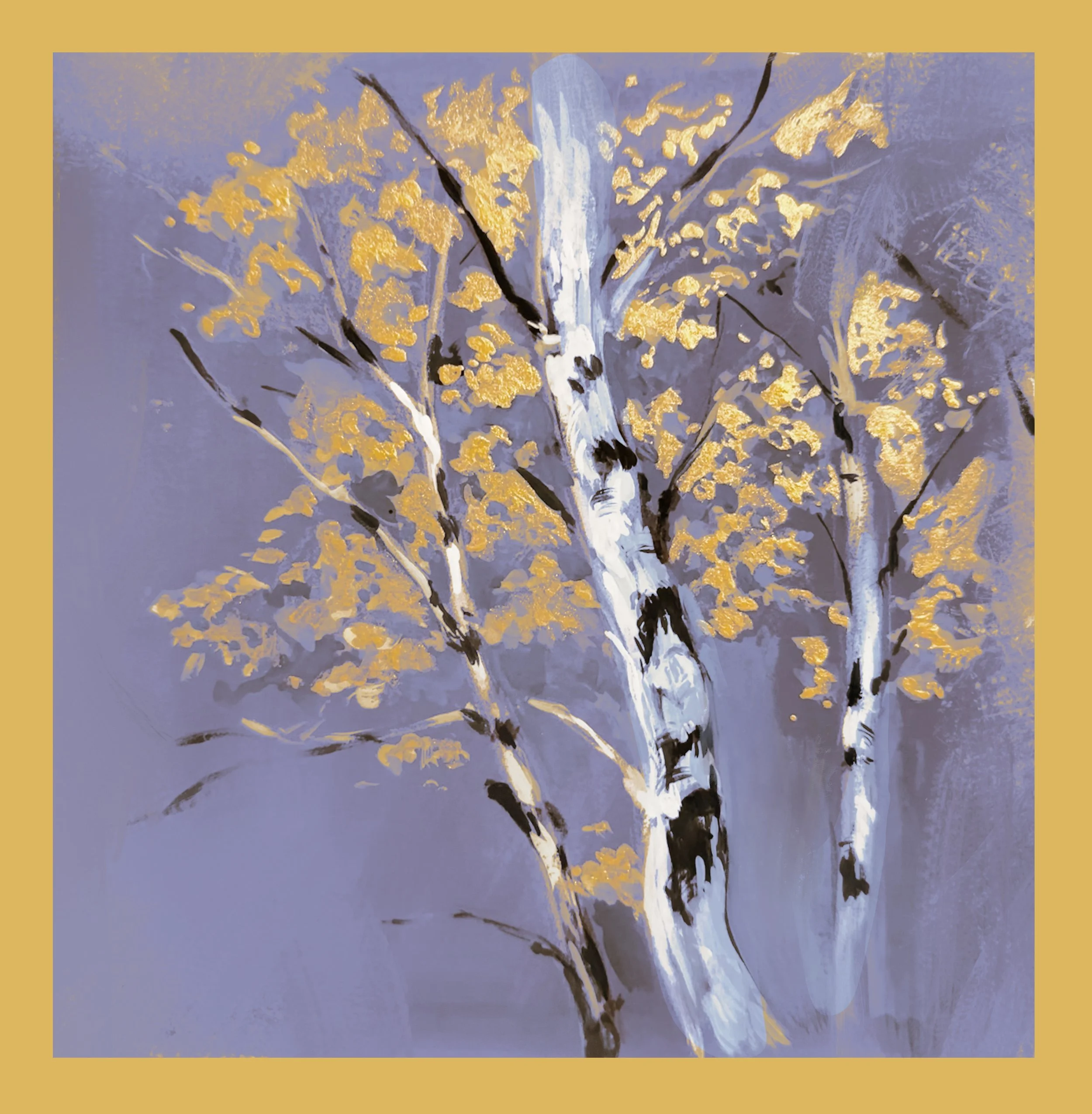 An abstract painting of a tree with yellow leaves and a light blue sky background, surrounded by a gold border.