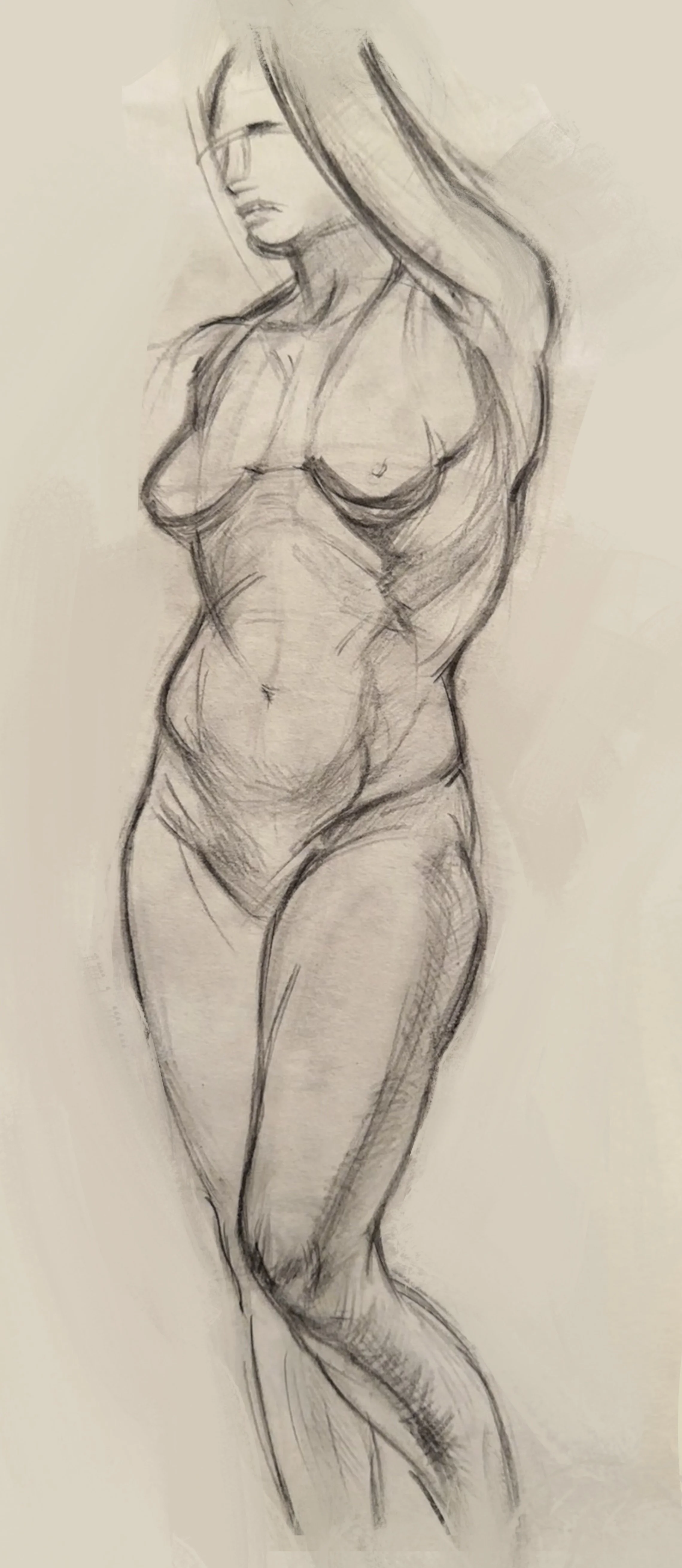 Sketch of a nude woman with long hair, standing with one arm raised above her head, looking down.