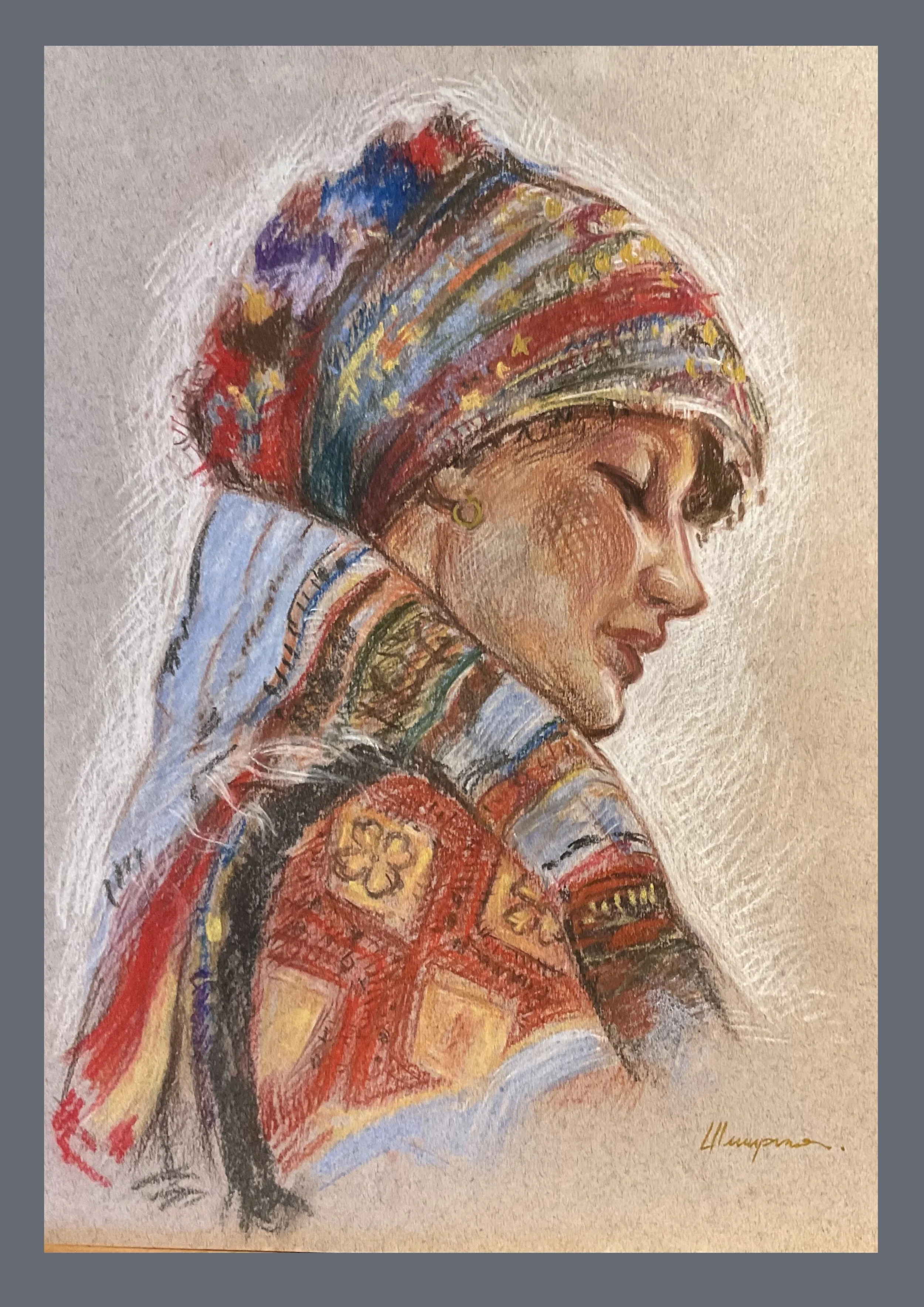 A colorful portrait of a woman with a headwrap, eyes closed, adorned with earrings and intricate patterned clothing, rendered in a vibrant and expressive art style.