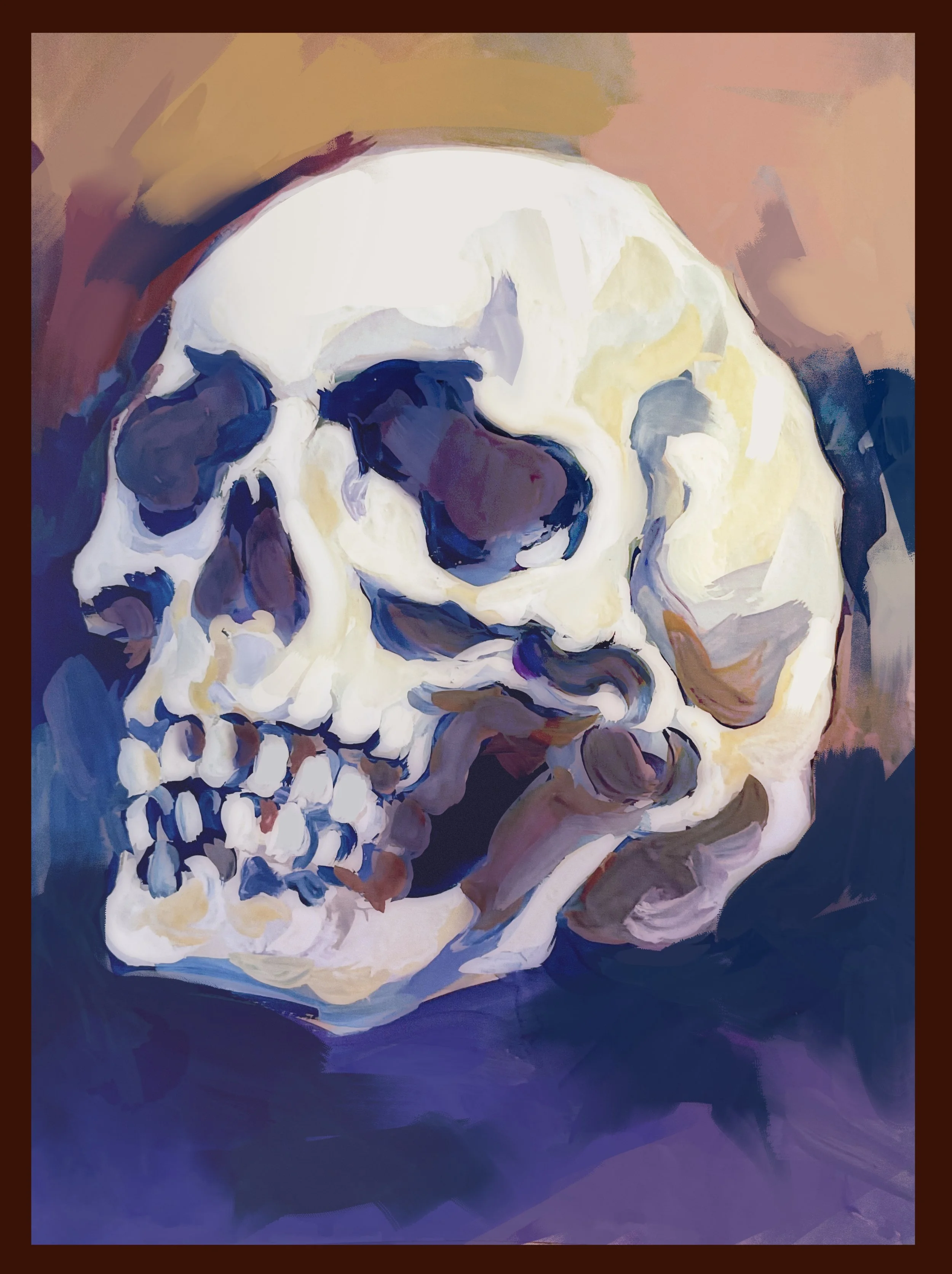 An artistic painting of a human skull with a dark background, featuring bold brushstrokes and vibrant color contrasts.