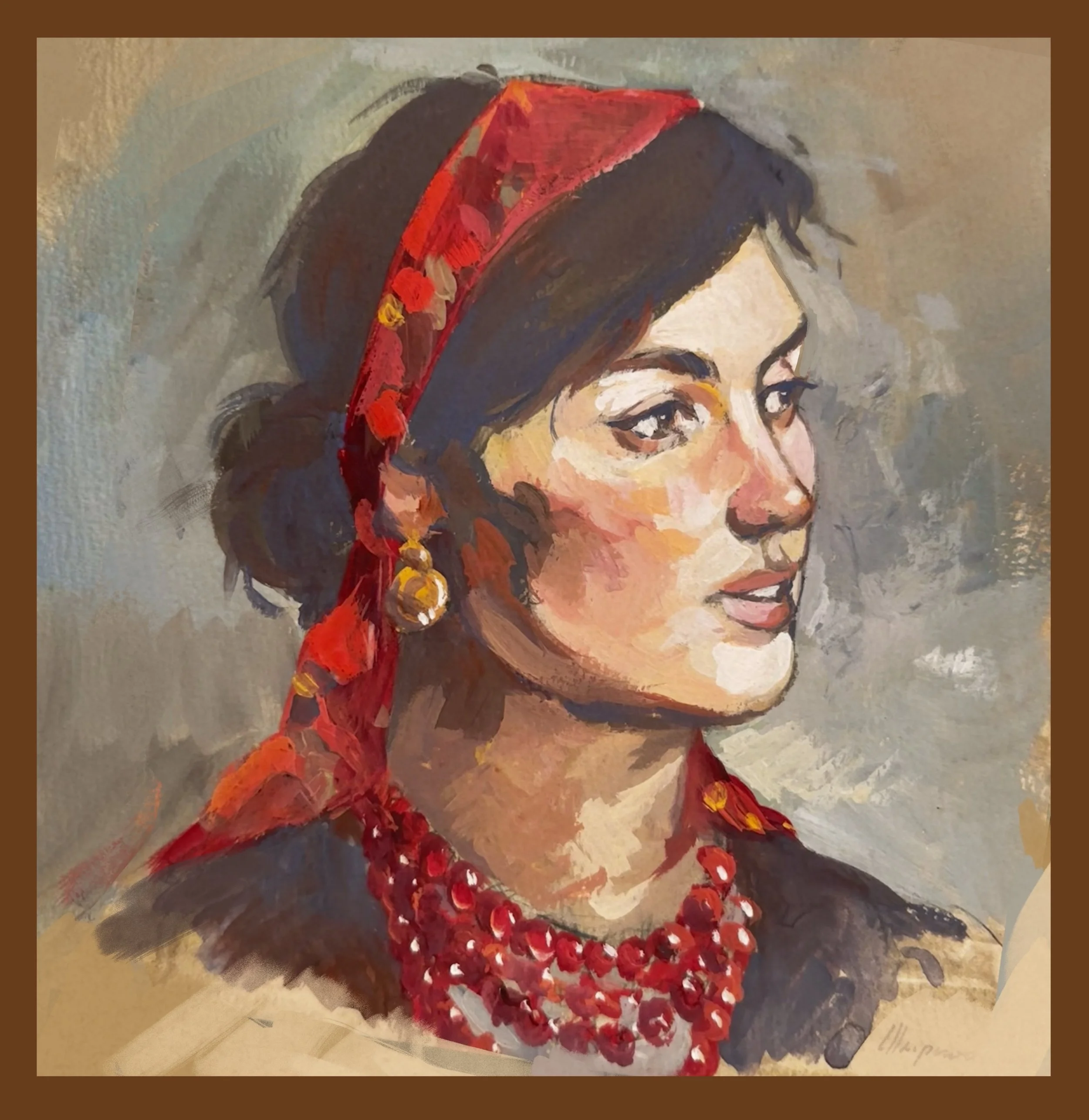 Painting of a woman with dark hair in a braid, wearing a red headscarf with yellow and red accents, and a red dress with a beaded necklace, against a muted background.
