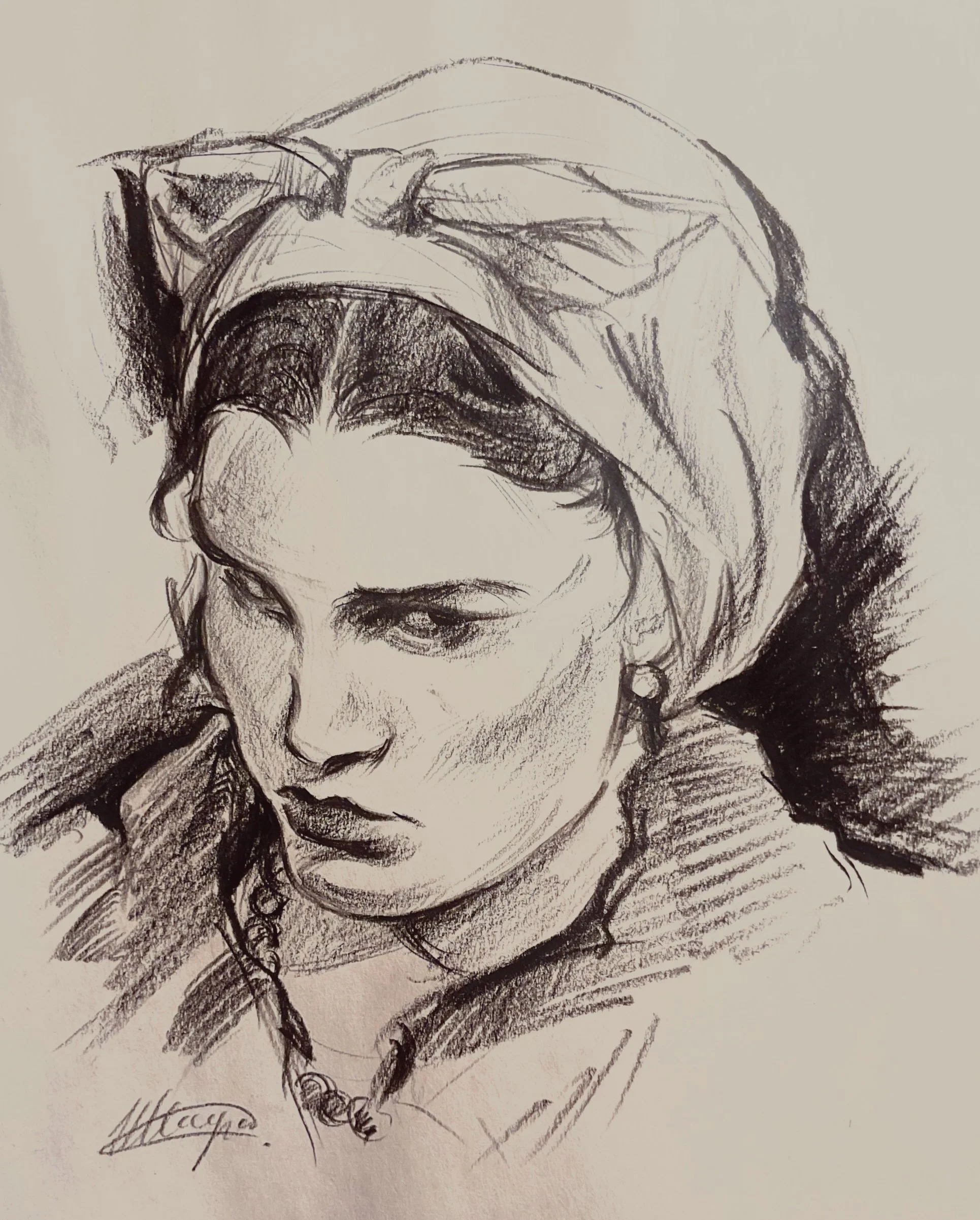 Sketch of a woman with long hair, holding her hand to her face, looking thoughtful. The drawing is done in pencil with shadowing and detailed features.