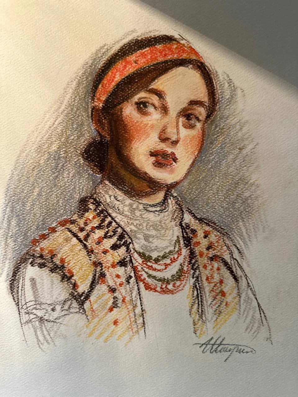 Portrait of a woman with dark hair, wearing a red headband, layered necklaces, and traditional clothing with embroidery, in a detailed, realistic style.