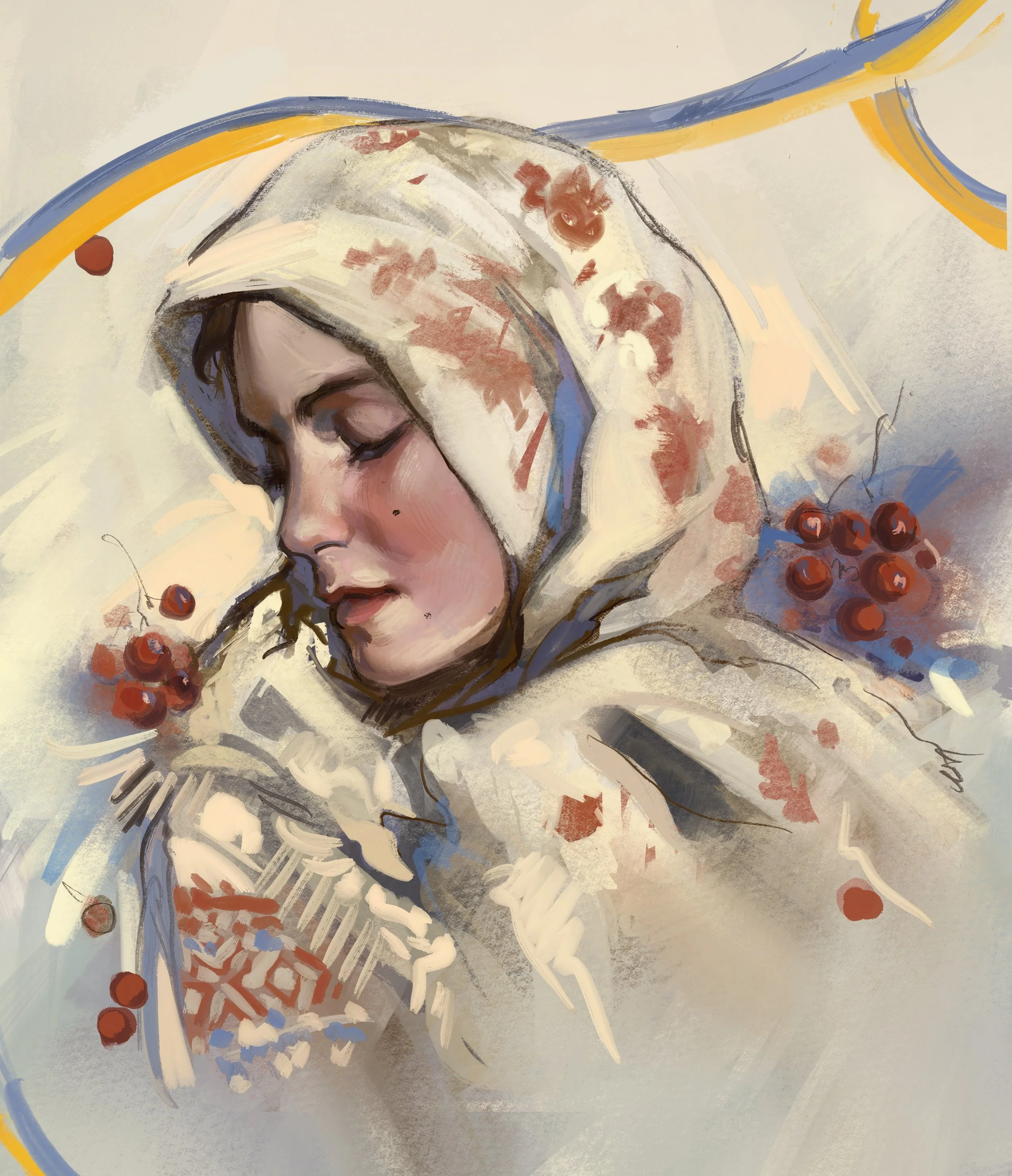 An abstract painting of a woman wearing a headscarf with red floral patterns. Her eyes are closed, and she has a serene expression. The painting features soft pastel colors with bold brushstrokes and accents of blue, yellow, and red.