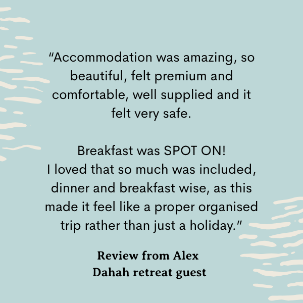 quote about accomodation and meals being amazing, high quality, safe premium accomodation and spot on breakfast