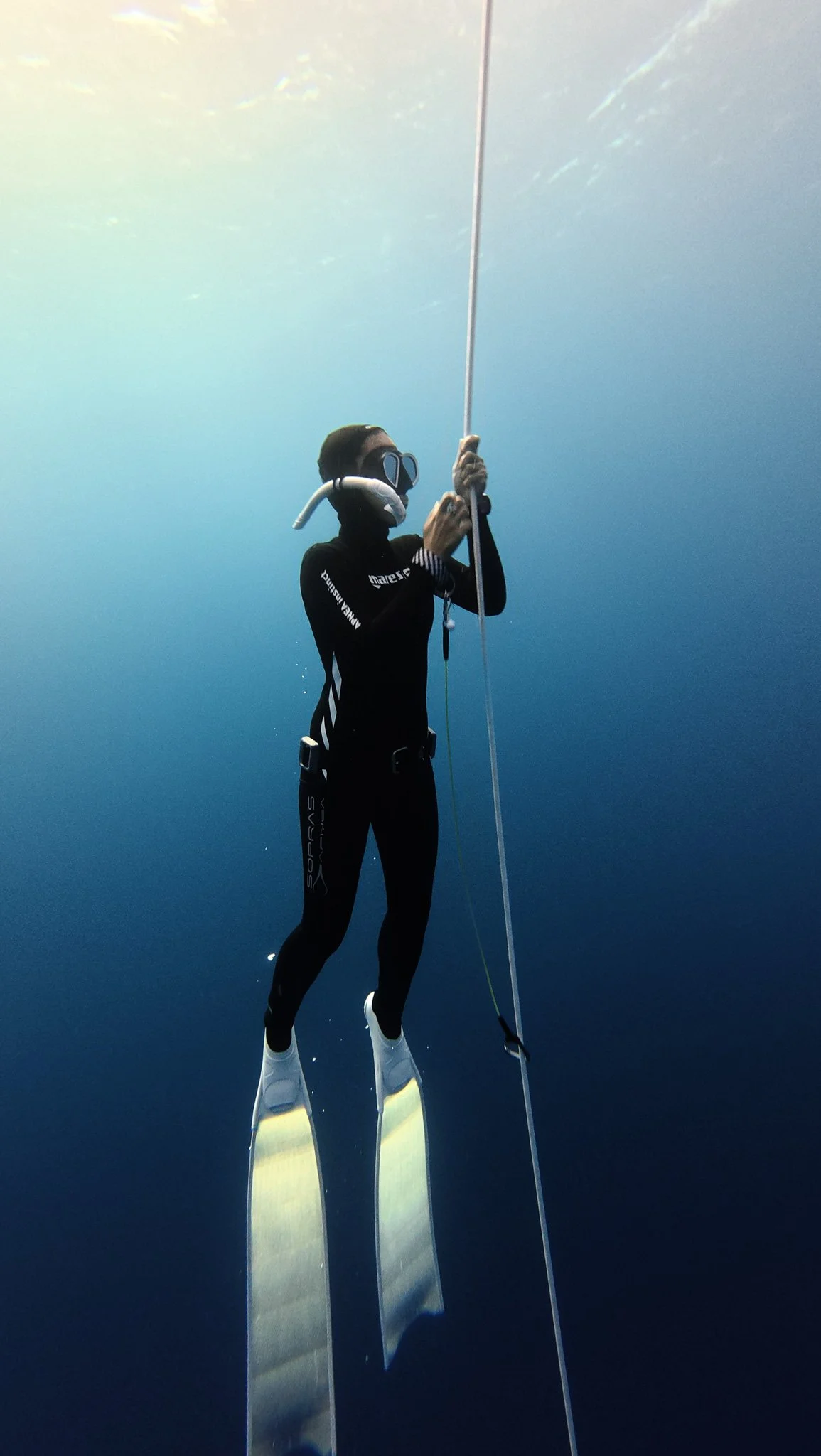 Person in freediving gear with long fins pulling up the rope towards the surface.