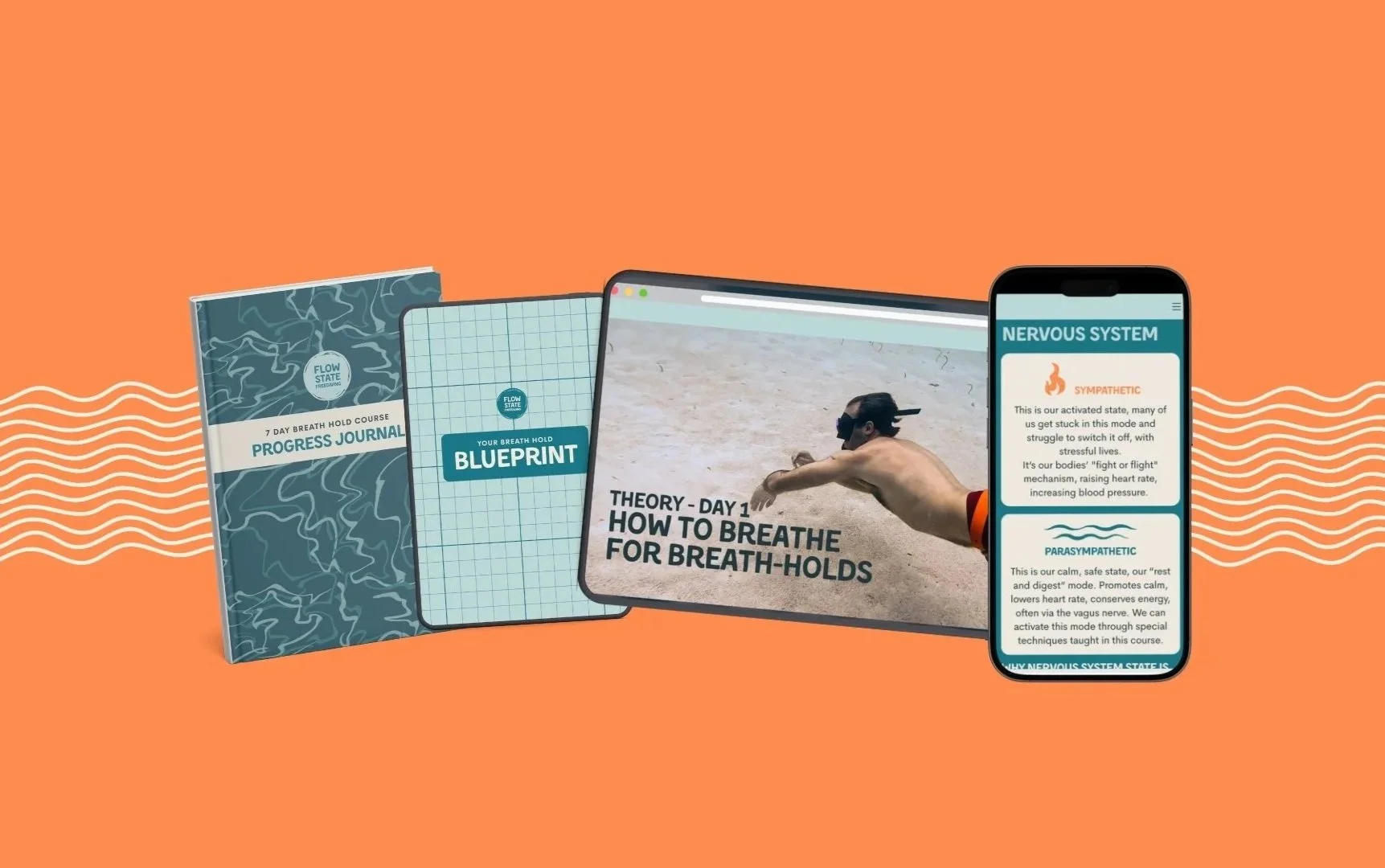 Breath hold course kit including a progress journal, a blueprint for breath holds, tablet with course module image, and a smartphone displaying nervous system course page.