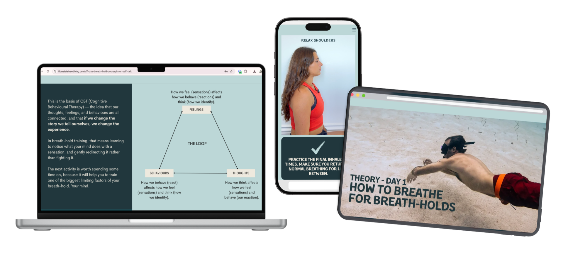 Multiple electronic devices include a laptop showing information about cognitive behavioral therapy, a smartphone with a person practicing relaxation exercises, and a tablet with a person floating in water, practicing breathing techniques.