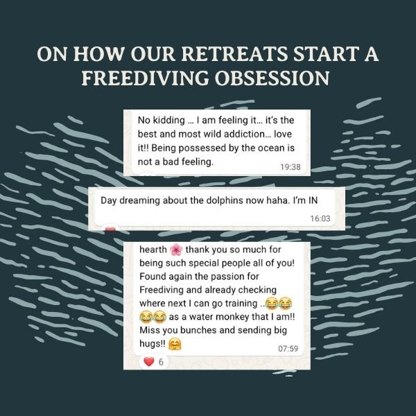 A light blue background with white cloud-like patterns on the right side, containing a quote about Immy and Joe and a mention of a Freediving workshop review by Natalie Williams.