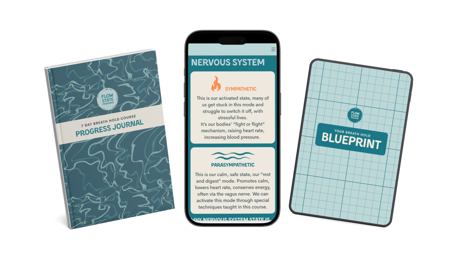 Books, a smartphone, and a notebook related to breathing techniques and nervous system regulation displayed together.