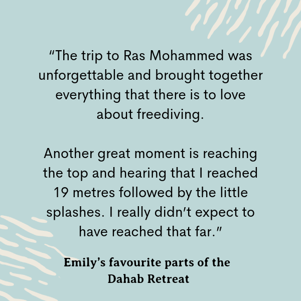 testimonial review from Emily, praising how she exceeded her expectations and dived to 19m, and that the ras mohammed camping trip was unforgettable