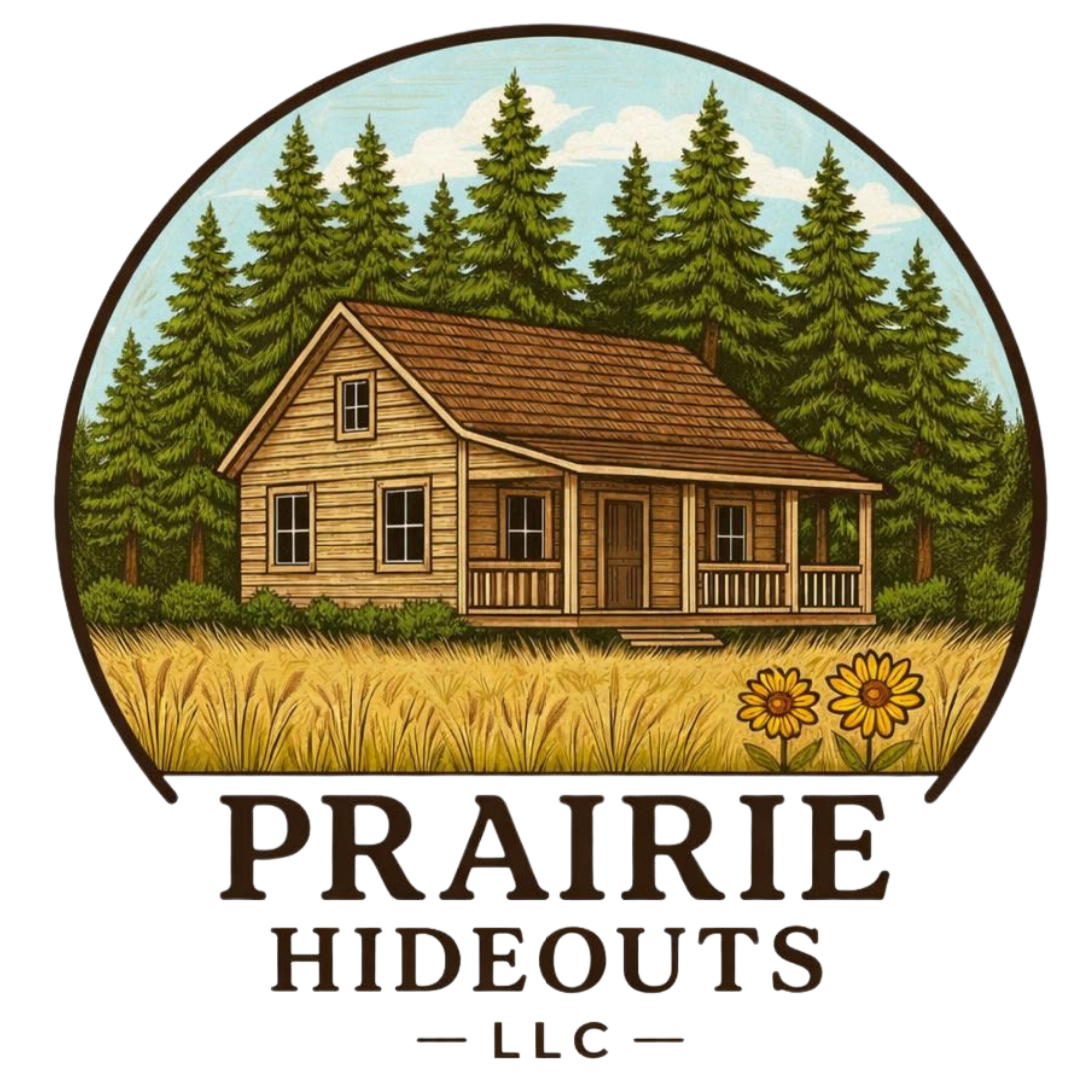 Prairie Hideouts logo representing peaceful Kansas cabin rentals, wedding guest accommodations, and relaxing countryside getaways.