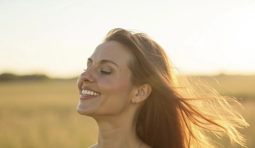 Woman with closed eyes smiling outdoors at sunset with wind-blown hair.