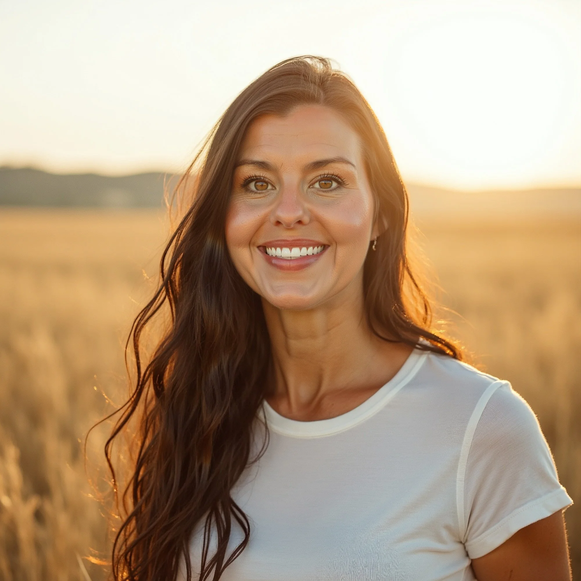 A woman with long brown hair smiling outdoors at sunset, wearing a white shirt.