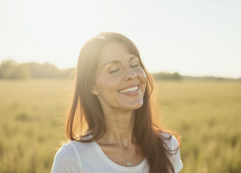 A woman with long red hair smiling with her eyes closed in a field during sunset or sunrise.