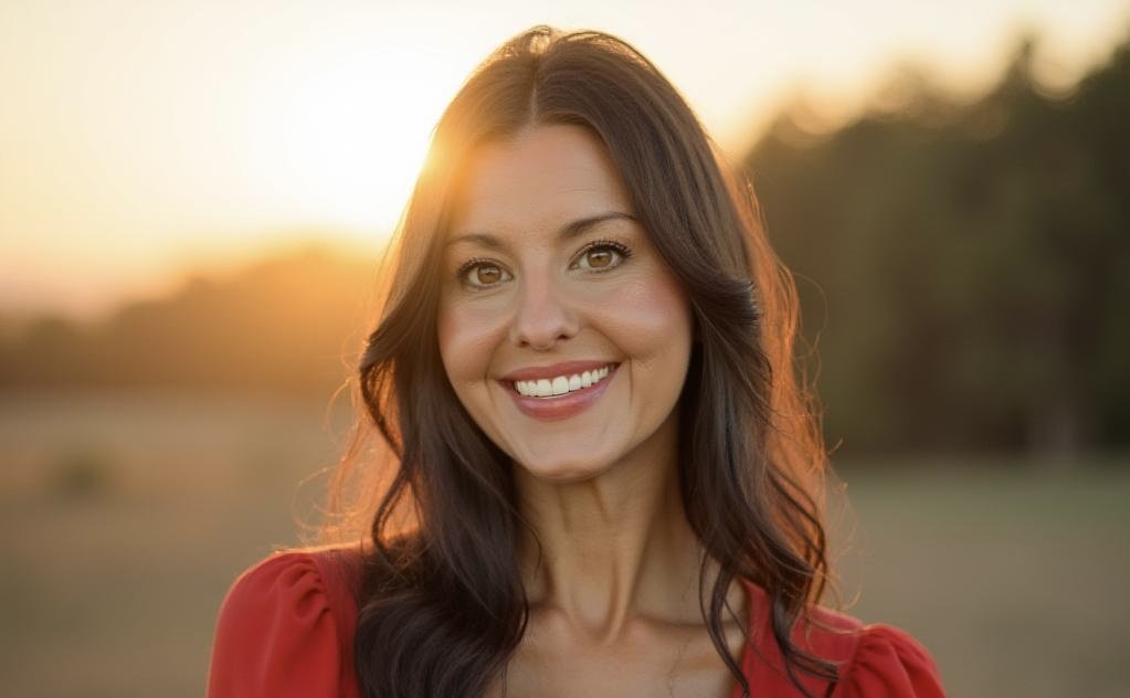 A smiling woman with long dark hair wearing a red top outdoors during sunset.