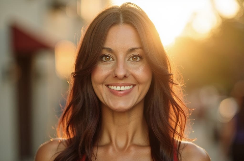 A woman smiling outdoors during sunset with glowing light behind her.