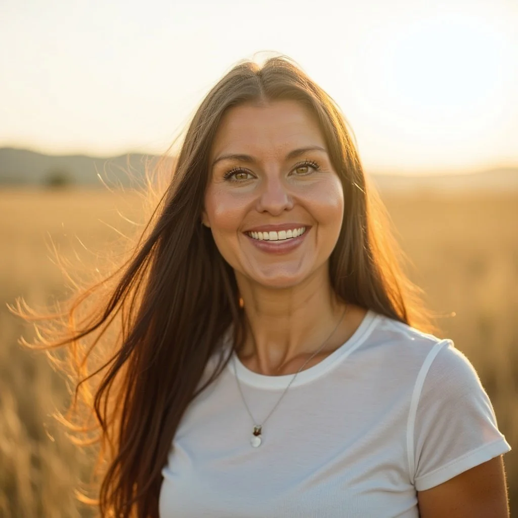 A smiling woman with long brown hair standing outdoors during sunset in a field.