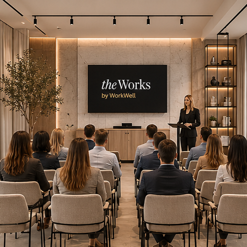 A woman giving a presentation in a conference room with an audience of professionals sitting in chairs, a large screen displaying 'the Works by WorkWell', and modern decor including a tall plant and shelves with decorative items.