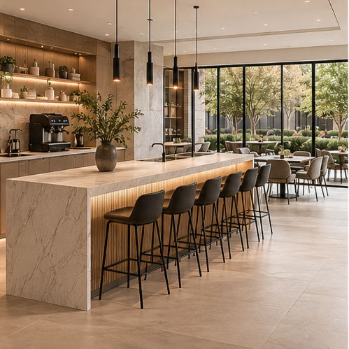 The Works modern kitchen space with a marble counter, black bar stools, coffee machine, and large windows showing a garden outside