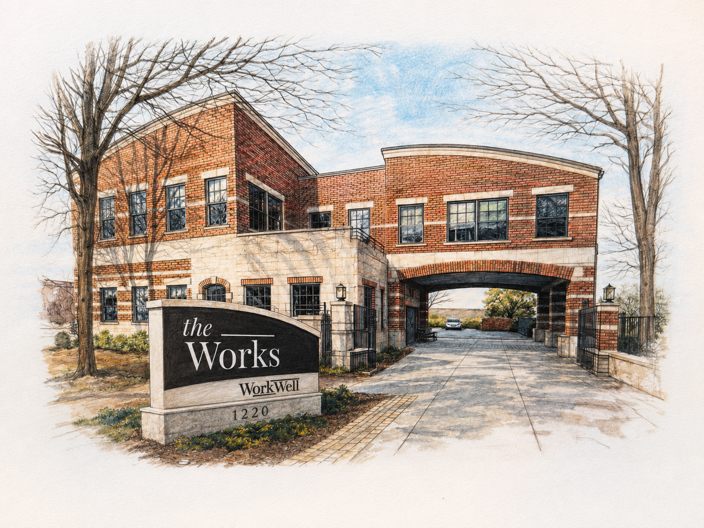 Illustration of a brick building with an archway and a sign that reads 'the Works WorkWell 1220,' surrounded by leafless trees and a parking area.