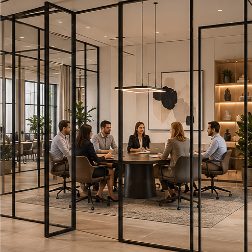 Six professionals sit around a round conference table in a modern office meeting room, engaged in discussion.