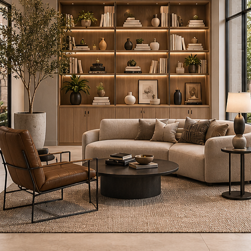 The Works collaborative Library space with beige sofa, leather armchair, round coffee table, bookshelf with decorative items, and large window.