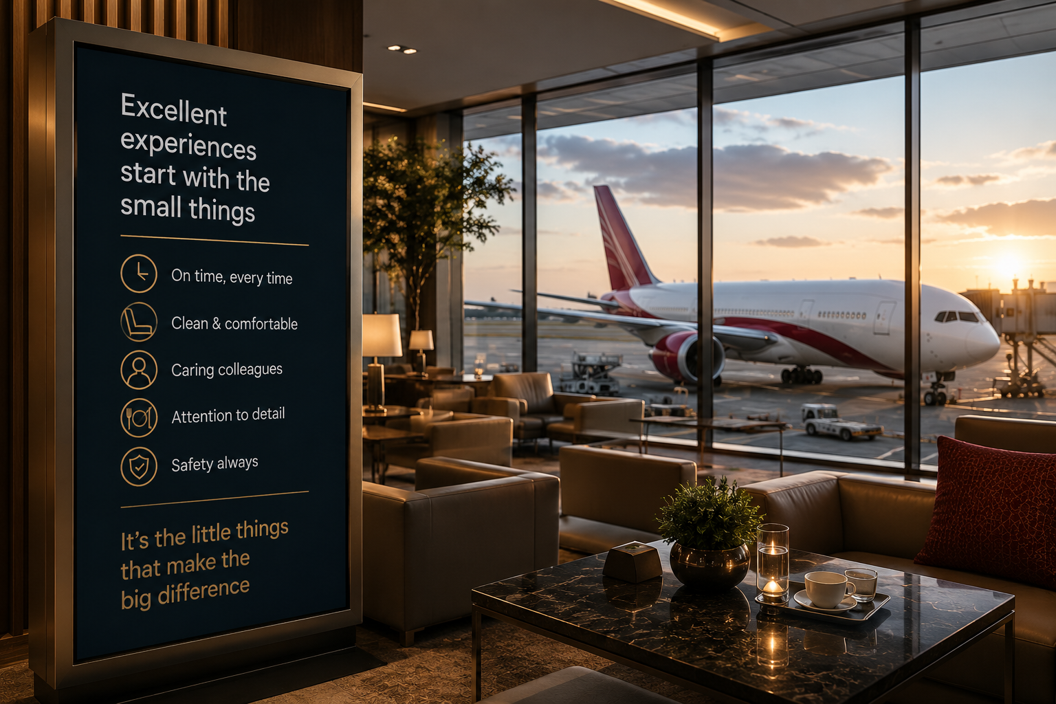 Premium airport lounge demonstrating operational excellence through attention to detail, seamless customer experience and consistently high standards.