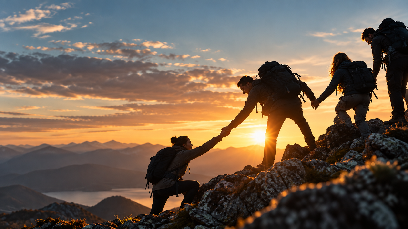 eam of hikers helping each other climb a mountain at sunset, representing camaraderie, shared purpose, mutual support and teamwork.