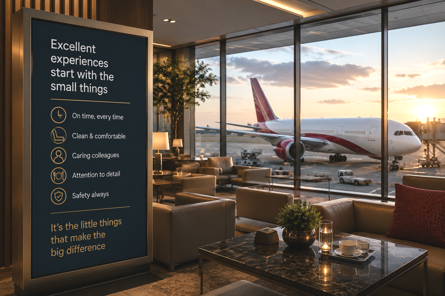 Premium airport lounge demonstrating operational excellence through attention to detail, seamless customer experience and consistently high standards.